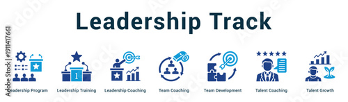 Leadership Track  Modern and clean web banner illustration vector featuring thematic icons