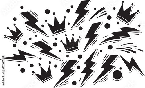 Black crowns and lightning bolts in dynamic chaotic pattern with bold graphic style for hip hop fashion