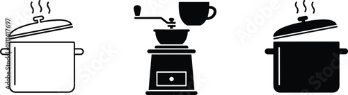 Set of kitchen and cafe icons featuring steaming cooking pots in outline and silhouette styles alongside a vintage manual coffee grinder