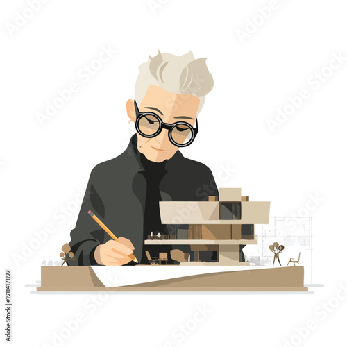 Architect at desk sketching with architectural model.