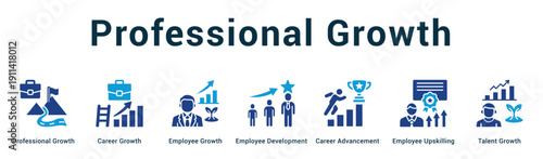 Professional Growth  Modern and clean web banner illustration vector featuring thematic icons
