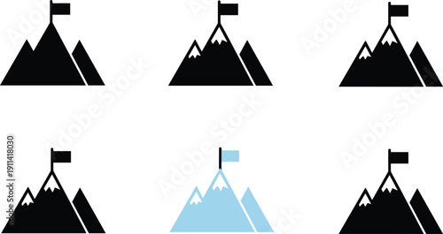 Set of minimalist mountain peak icons featuring silhouettes of jagged summits with flags on top representing success achievement and reaching the top