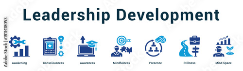 Leadership Development  Modern and clean web banner illustration vector featuring thematic icons