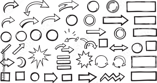 Hand drawn arrows and shapes in simple black line art on white background for infographic design