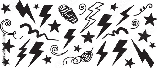 Black doodle elements with stars and lightning bolts in playful quirky style on white background for graphic design