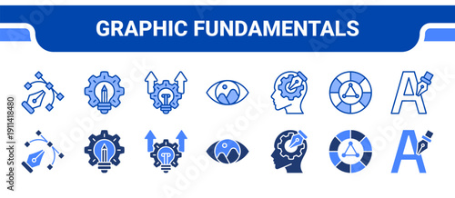 Graphic Fundamentals Icon Collection,  featuring Graphic design, Creative process, Concept, Composition, Design principles, Color theory, Typography.
