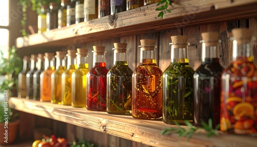 Wallpaper Mural Assortment of Infused Oils on Wooden Shelves - A Culinary Delight. Torontodigital.ca