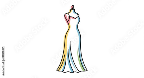 Colorful evening gown on mannequin elegant dress with rainbow hues formal fashion illustration