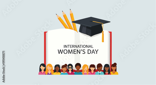 International Womens Day celebration with educational symbols.