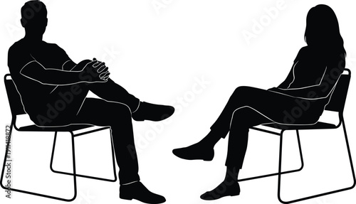 Man and woman seated silhouettes facing each other, conversation or interview setting illustrating communication, counseling, negotiation and professional discussion