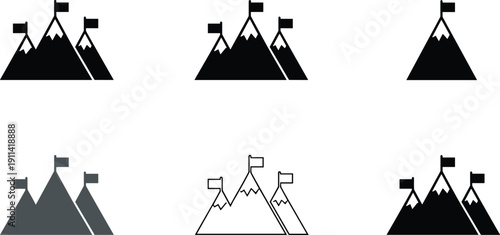 Three minimalist black and white mountain peak icons with snowy summits and flags representing goal setting leadership and business milestones reached
