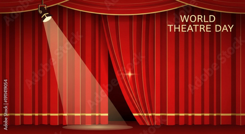 Red curtain with spotlight on world theatre day background