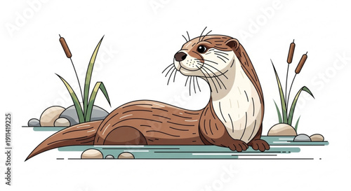 Otter resting on water with rocks and cattails serene aquatic scene with brown and white fur animal