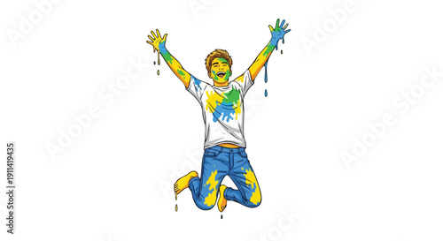 Joyful Man Covered in Vibrant Paint Jumping High.