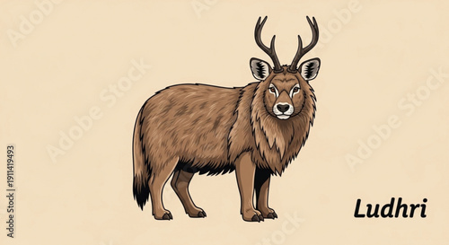 Brown ludhri deer with antlers standing on beige background