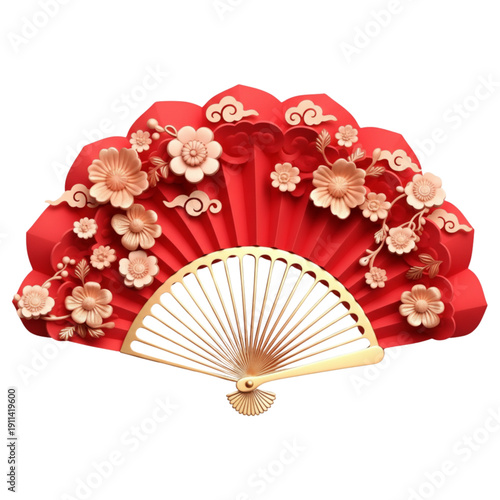 Elegant Red and Gold Chinese Folding Fan with Floral Ornament