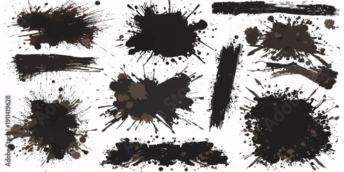 A dirty set of black grunge ink splashes and paint splatters featuring vector brush textures, spray drips, and artistic graffiti blots for a stained frame design pattern