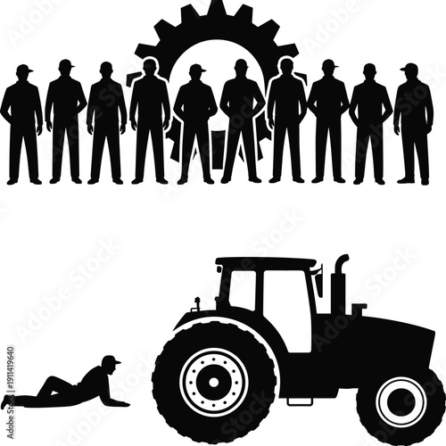 Vector illustration of industrial and agricultural workforce icon collection—symbols for teamwork, tractor repair, machinery, labor, farming, industry, gear, and productivity representation
