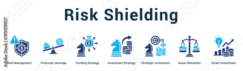 Risk Shielding  Modern and clean web banner illustration vector featuring thematic icons