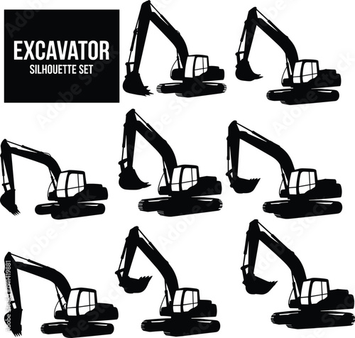 Vector illustration of excavator silhouette icon collection—symbols for construction machinery, heavy equipment, industrial work, building site, engineering design, and infrastructure representation