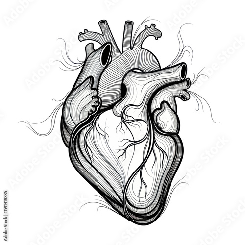 Anatomical Heart Drawing, Medical Illustration, Black and White, Isolated on White