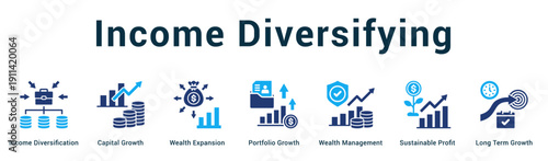Income Diversifying  Modern and clean web banner illustration vector featuring thematic icons