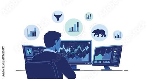 Man analyzing stock market data on multiple computer screens.