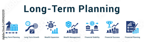 Long-Term Planning  Modern and clean web banner illustration vector featuring thematic icons