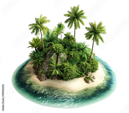Tropical paradise island with palm trees and sandy beach, isolated on transparent cutout background