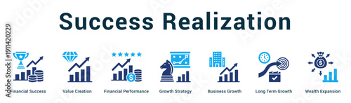 Success Realization  Modern and clean web banner illustration vector featuring thematic icons