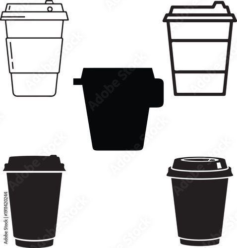 Coffee cup to go icons set featuring different paper cup styles for cafe branding and takeout beverage service representations