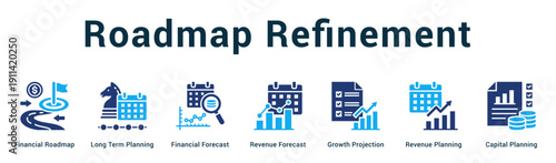 Roadmap Refinement  Modern and clean web banner illustration vector featuring thematic icons