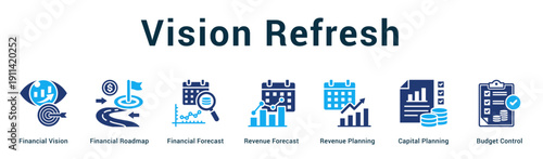 Vision Refresh  Modern and clean web banner illustration vector featuring thematic icons