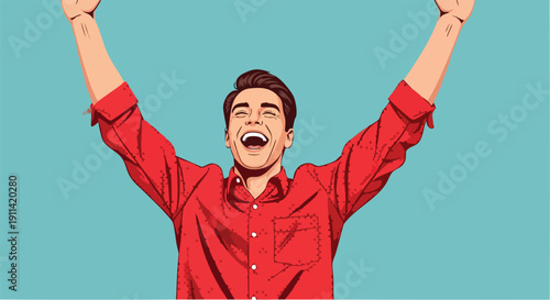 Man celebrating with arms raised in joy.