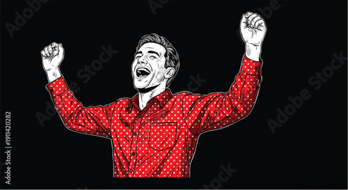 Man in Red Shirt Celebrating with Arms Raised High.