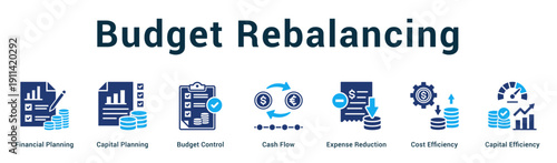 Budget Rebalancing  Modern and clean web banner illustration vector featuring thematic icons