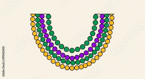 Vibrant mardi gras beads in purple green and gold on cream background festive carnival decoration