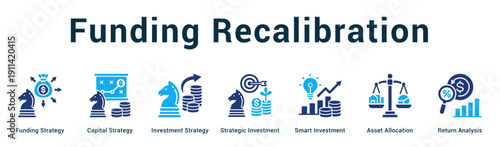 Funding Recalibration  Modern and clean web banner illustration vector featuring thematic icons