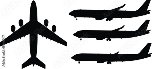 Airplane silhouettes, aviation profiles, Boeing jet shapes, aircraft illustration, flying planes, aviation concept, travel design, transportation art