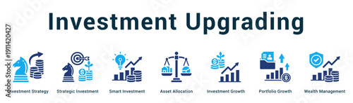 Investment Upgrading  Modern and clean web banner illustration vector featuring thematic icons
