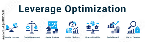 Leverage Optimization  Modern and clean web banner illustration vector featuring thematic icons
