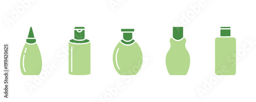 Set of shampoo bottle icons in a stylish flat design, suitable for your web design, logo, app, or UI. Vector illustration.

