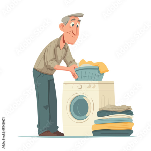 Laundering Man Loading Washing Machine With Basket.
