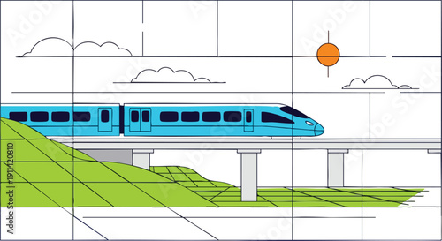 Modern blue highspeed train traveling on elevated tracks.