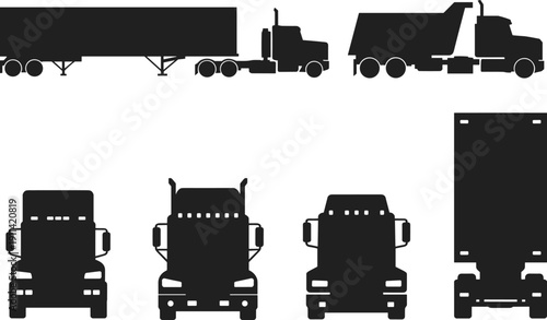 PrintBlack truck silhouette set, semi trailer dump truck front and side view vector illustration isolated on white background