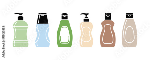 Collection of shampoo bottle icons in a modern flat style, suitable for your website, logo, app, and UI. Vector illustration.

