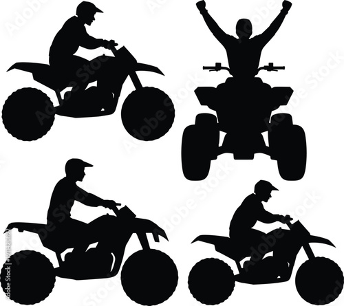 Vector illustration of ATV rider silhouette collection—symbols for adventure sports, off-road vehicles, outdoor recreation, extreme activity, dynamic motion, and celebration representation