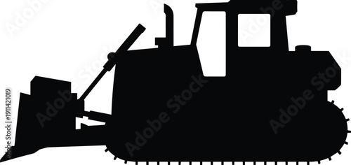 Bulldozer silhouette illustration, heavy construction equipment profile, industrial machinery design, earthmoving vehicle art, transport concept, mechanical engineering symbol
