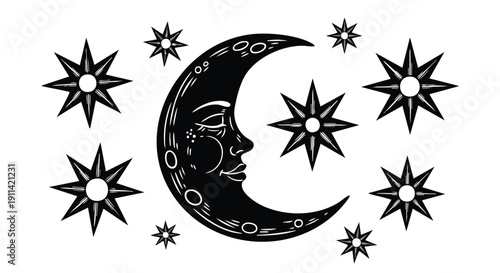 Mystical Crescent Moon with Face and Stars Illustration.