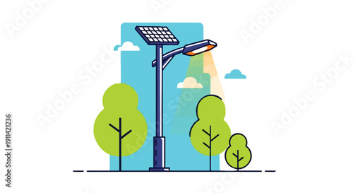 Modern Solar Powered Street Light with Green Trees.